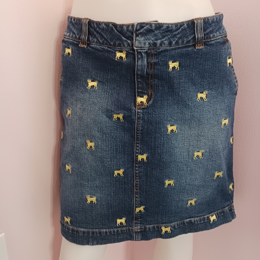 LILLY PULITZER Slight Stretch Denim Short Skirt Yellow Dog Embroidery Sz 12 EUC